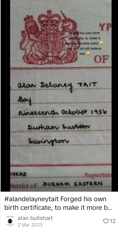 clip showing a posted comment that I forged my own birth certificate