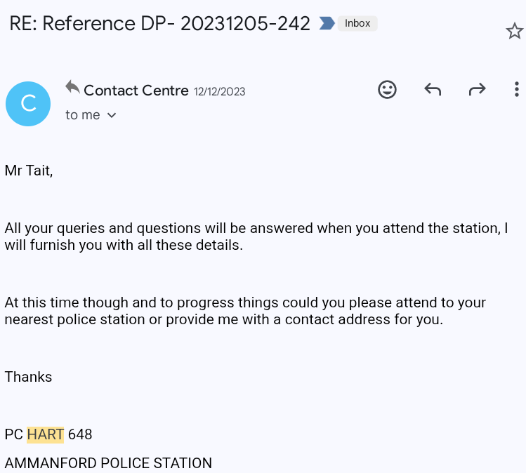 PC Hart email 12th December 2023