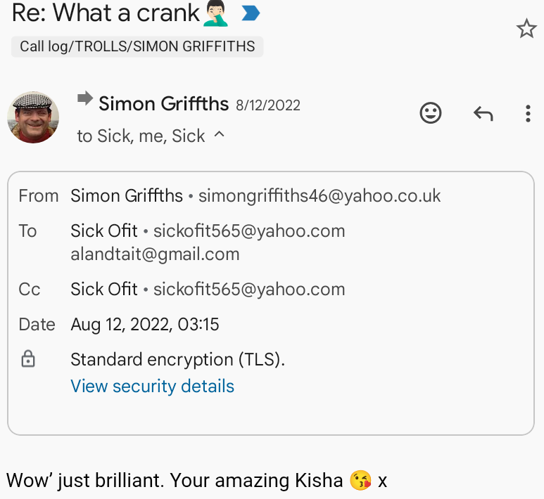 Simon Griffiths mentions Kisha in email