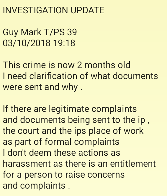 Police report extract showing no course of conduct