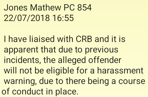 Police report extract showing CRB contact