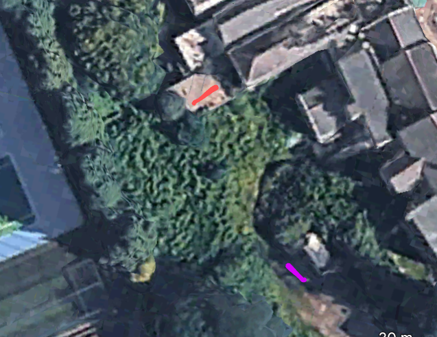 The outbuilding with red mark and path with purple mark